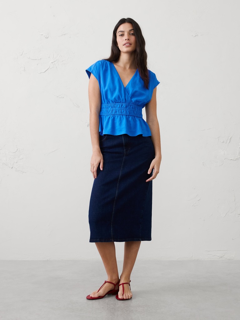 Linen-Blend Elastic Surplice Top