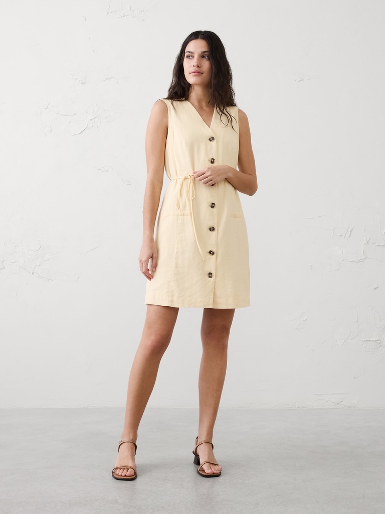 Linen-Blend Button-Front Above-Knee Dress