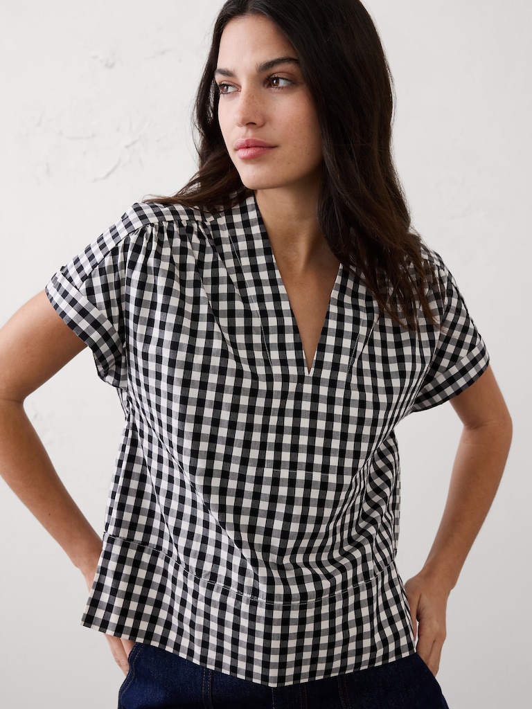 Gingham Split-Neck Top