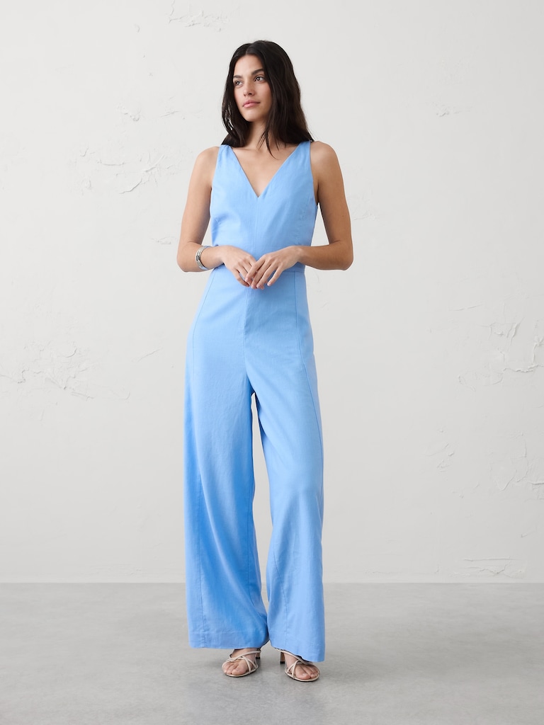 Linen-Blend Vee-Neck Jumpsuit