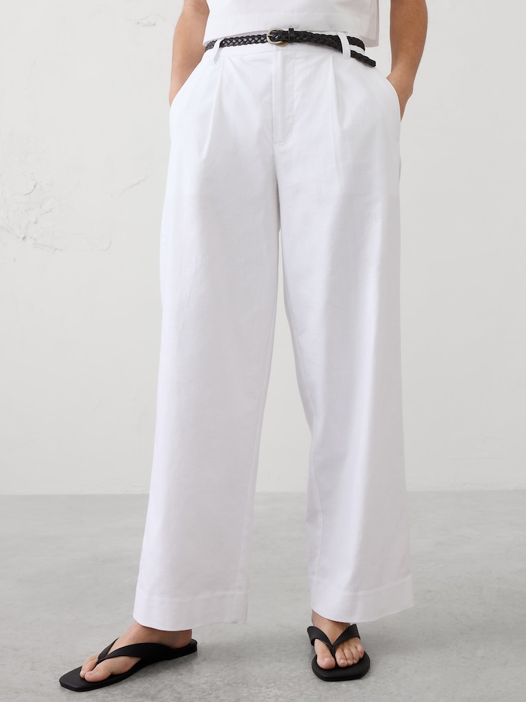 Straight-Leg High-Rise Linen-Blend Pleated Trouser
