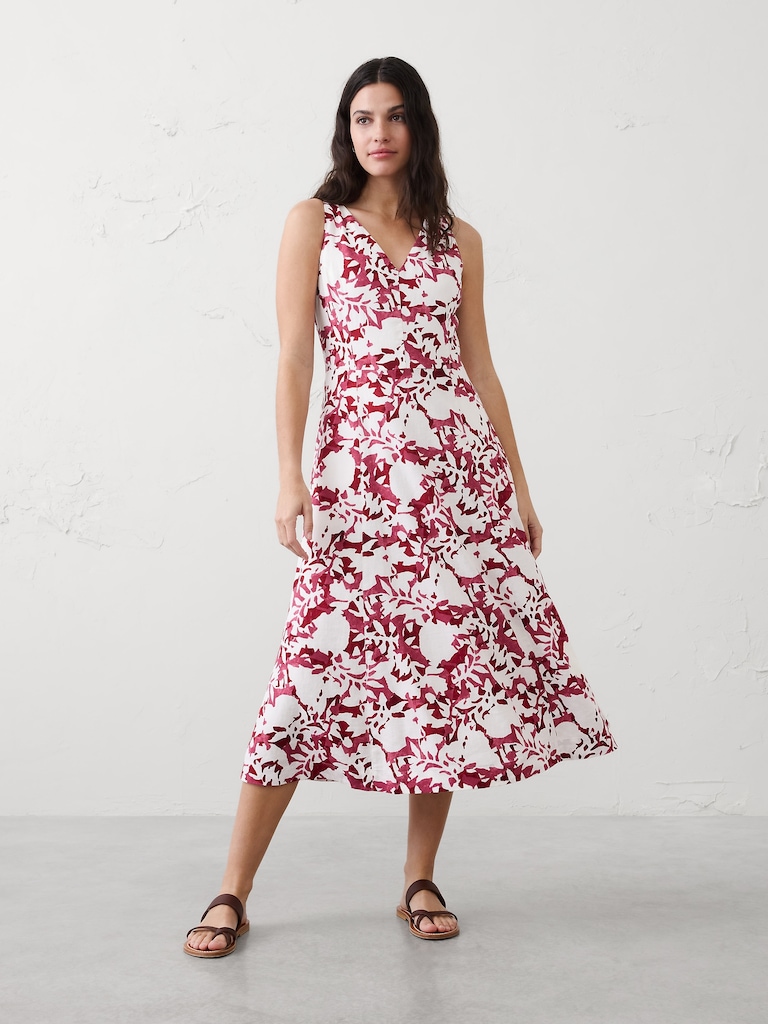 Linen-Blend Drapey Midi Dress
