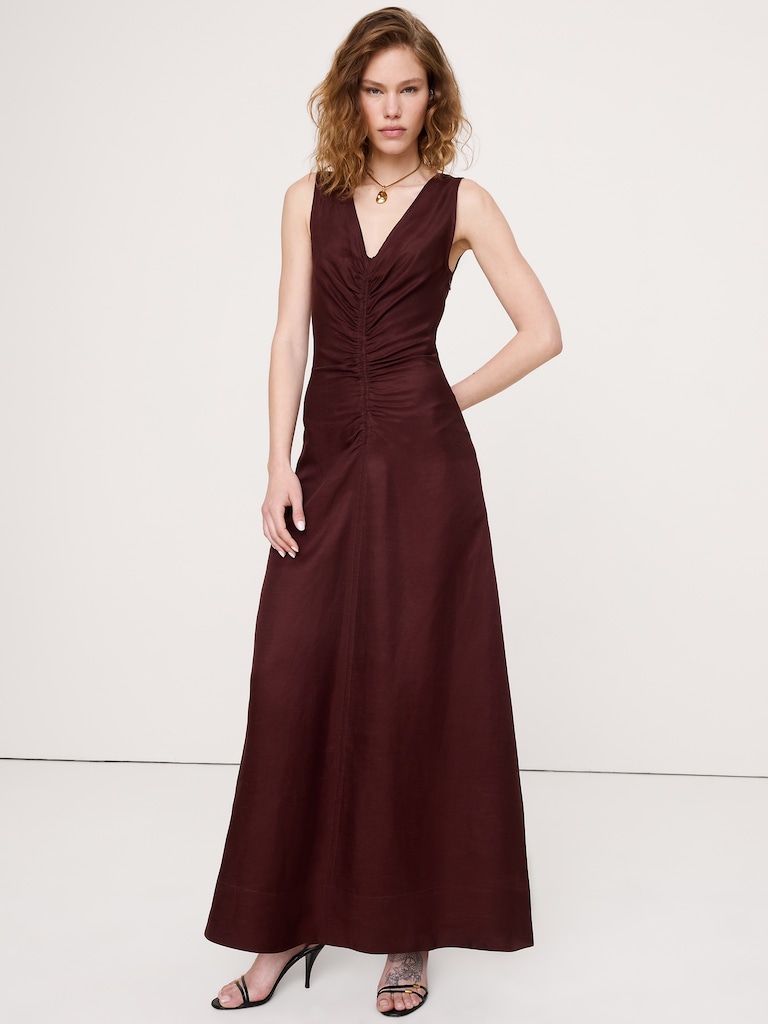 Viscose-Linen V-Neck Maxi Dress