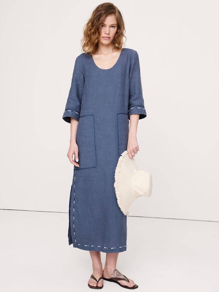 Embroidered Linen Scoop-Neck Maxi Dress