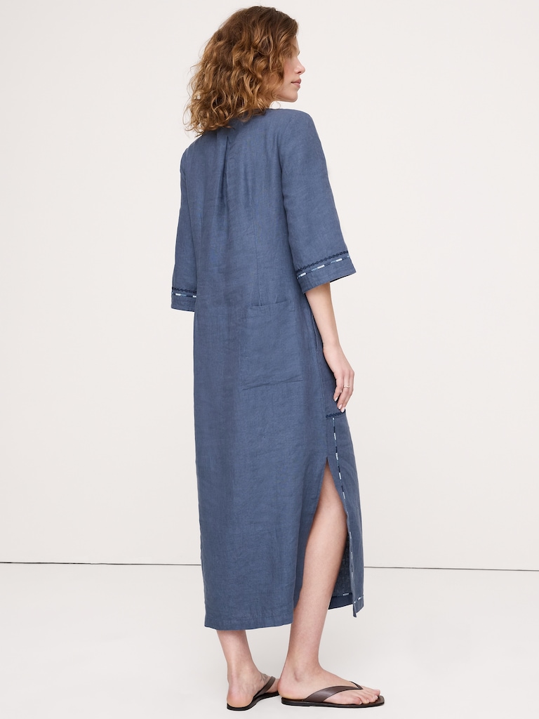 Embroidered Linen Scoop-Neck Maxi Dress