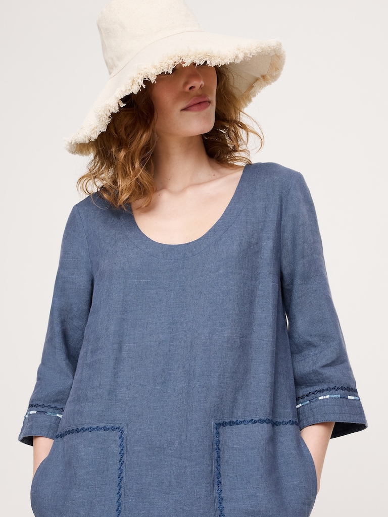 Embroidered Linen Scoop-Neck Maxi Dress