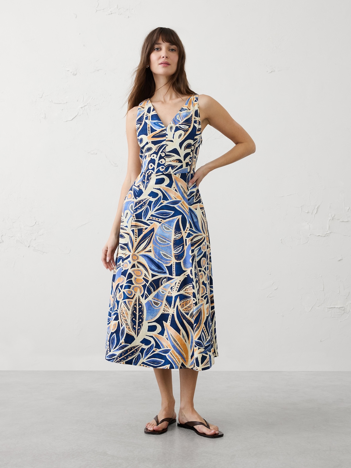 Linen-Blend Drapey Midi Dress