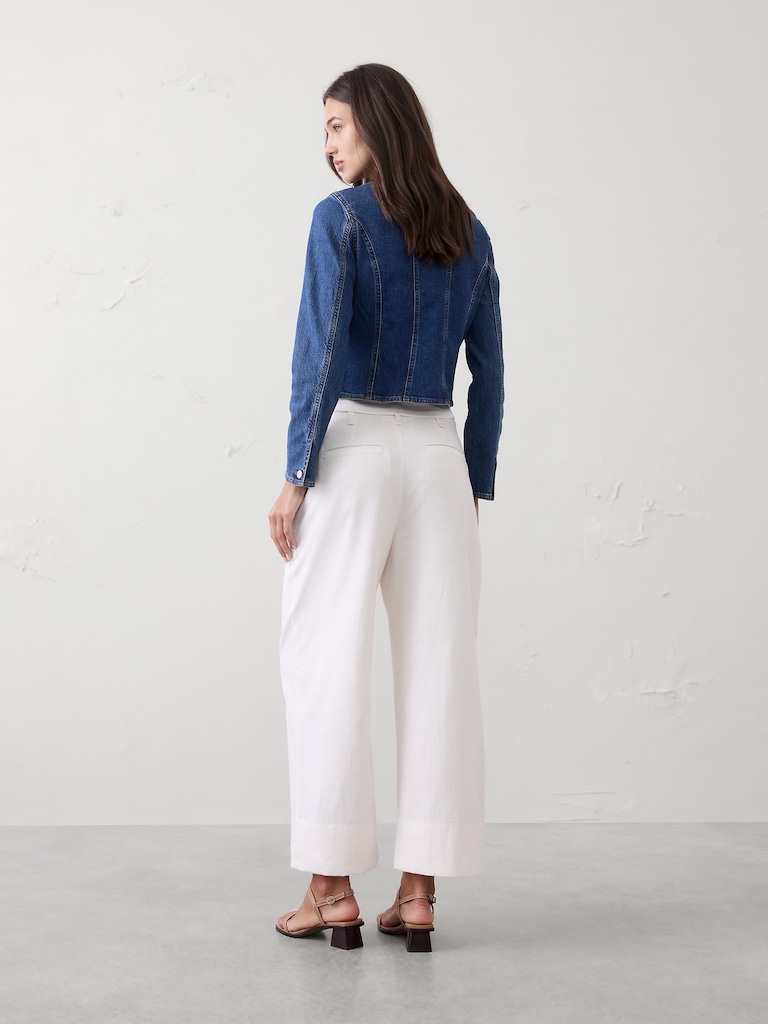 Wide-Leg High-Rise Stripe Linen-Blend Cropped Pant