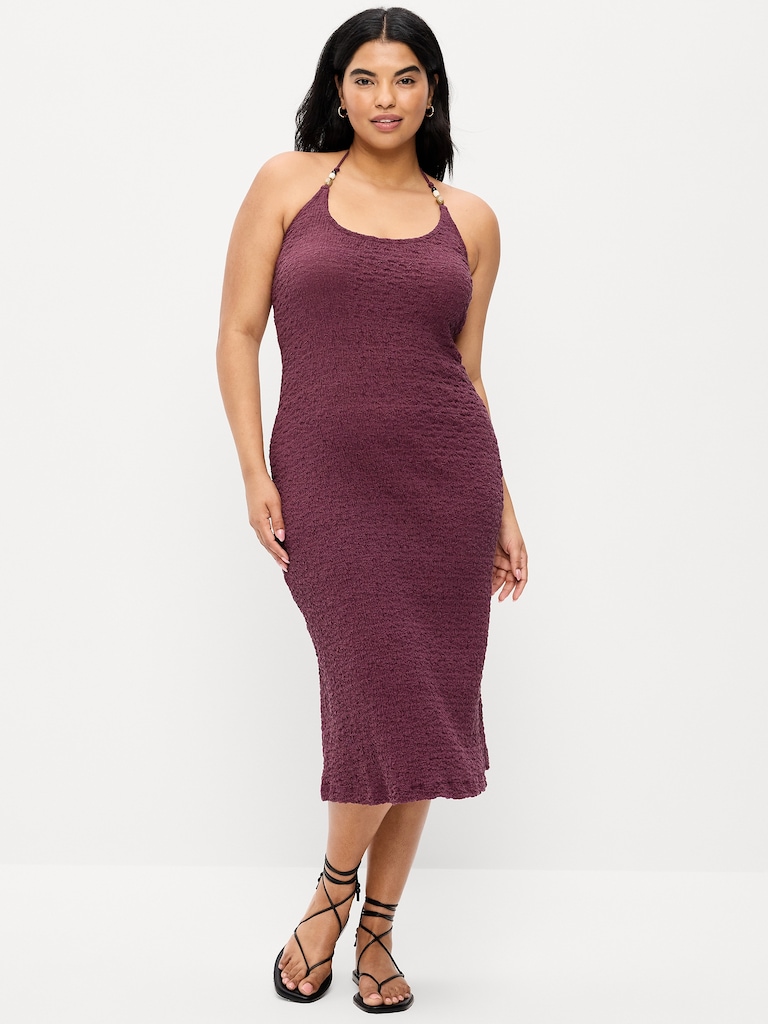 Beaded Halter-Neck Textured Midi Dress