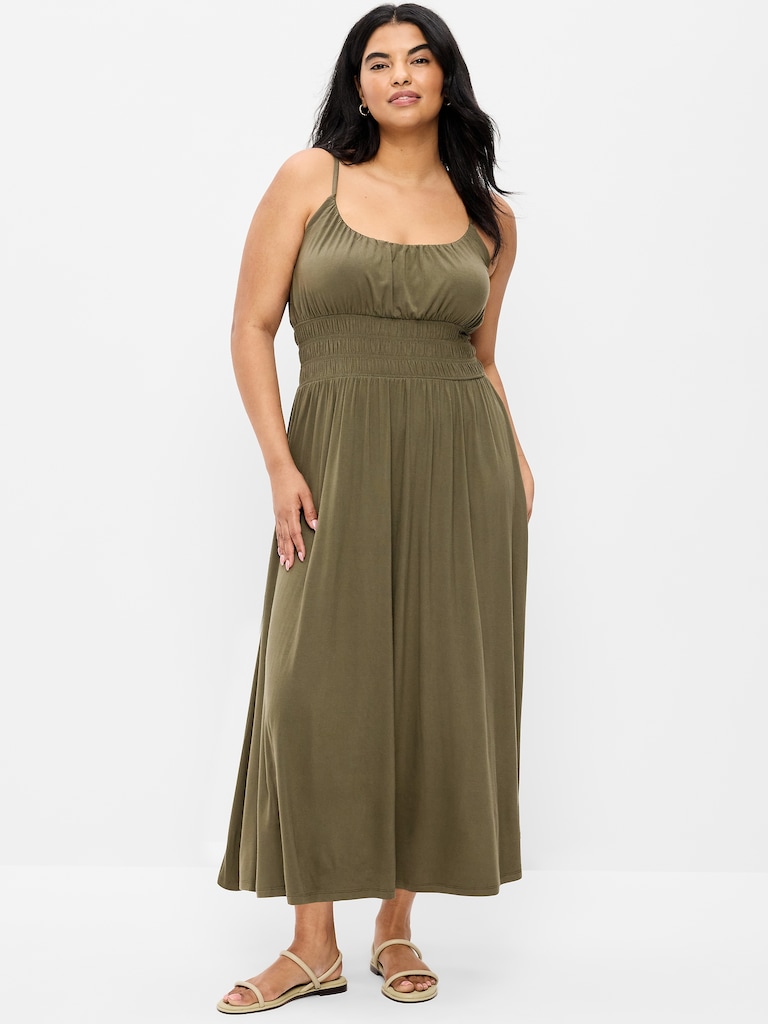 Fit & Flare Jersey Smocked-Waist Midi Dress