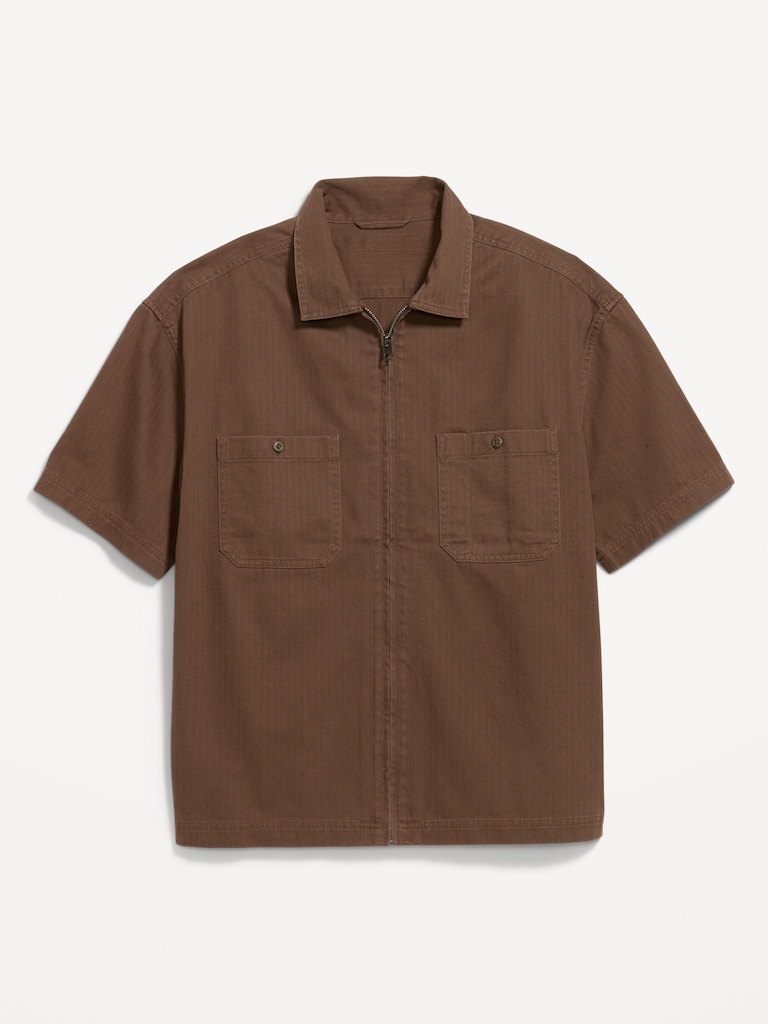 Loose Full-Zip Herringbone Workwear Shirt