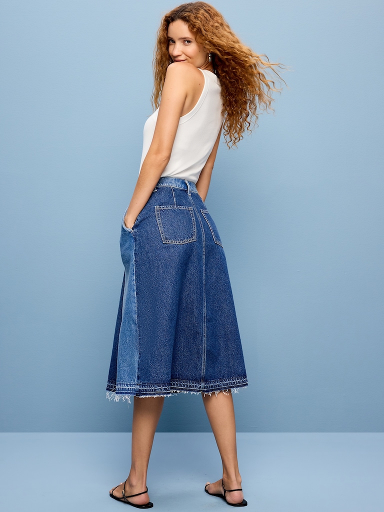 Reconstructed Pleated Denim Midi Skirt