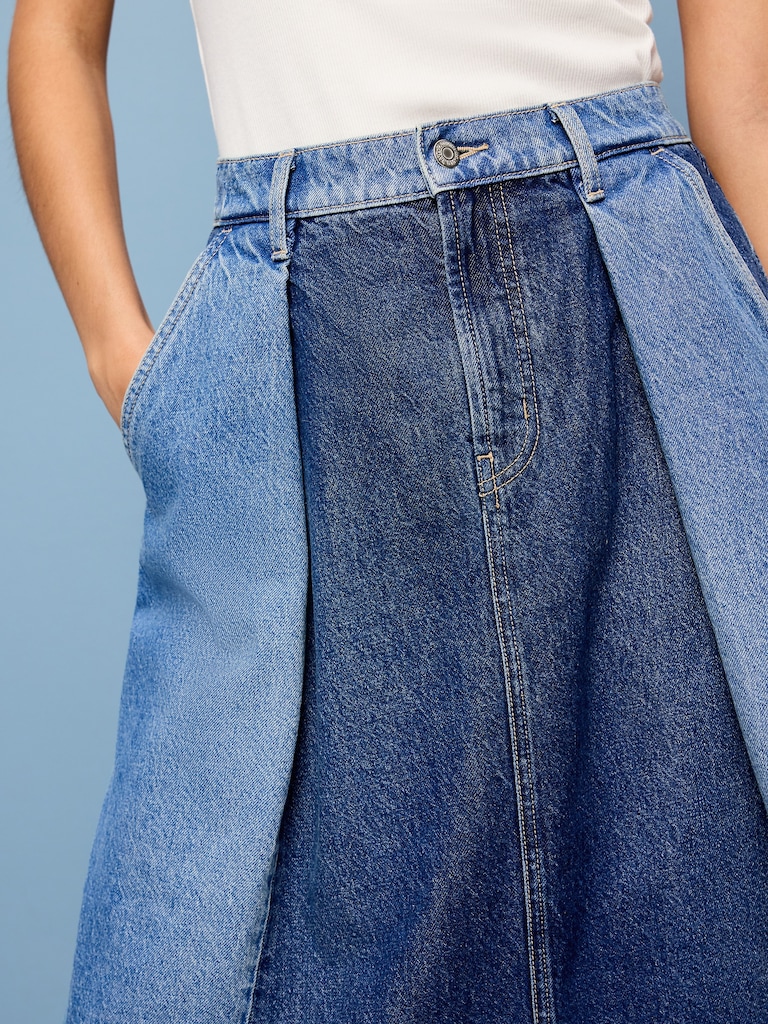 Reconstructed Pleated Denim Midi Skirt
