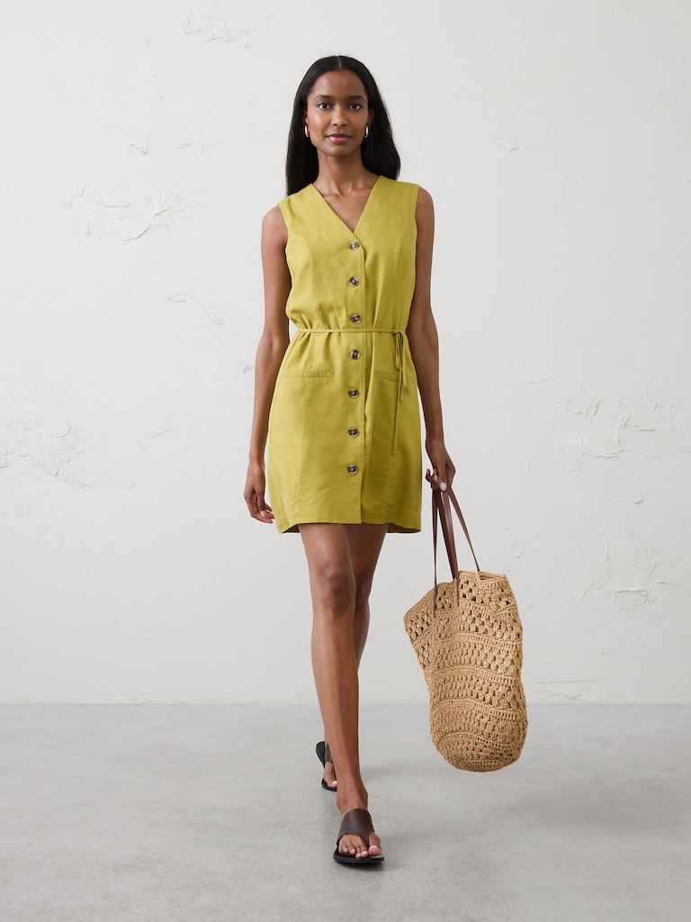 Linen-Blend Button-Front Above-Knee Dress