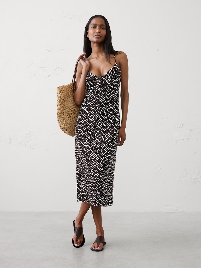 Linen-Blend Tie-Front Midi Dress