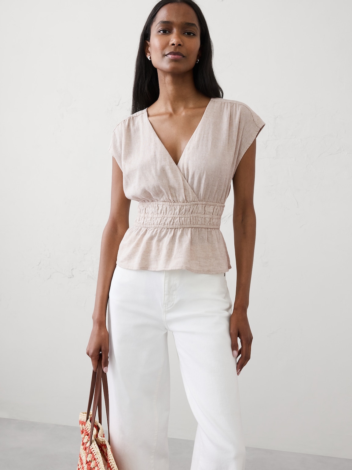 Linen-Blend Elastic Surplice Top