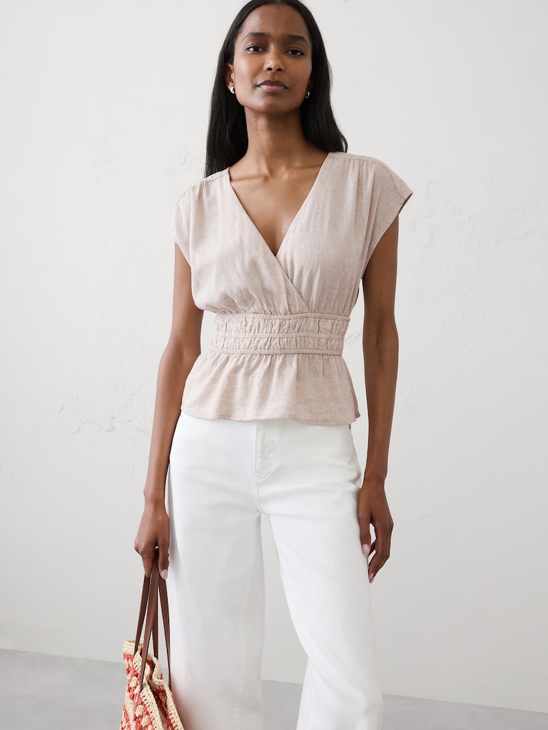 Linen-Blend Elastic Surplice Top