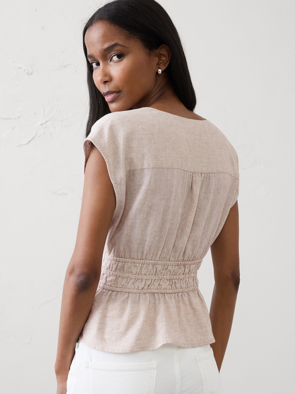 Linen-Blend Elastic Surplice Top