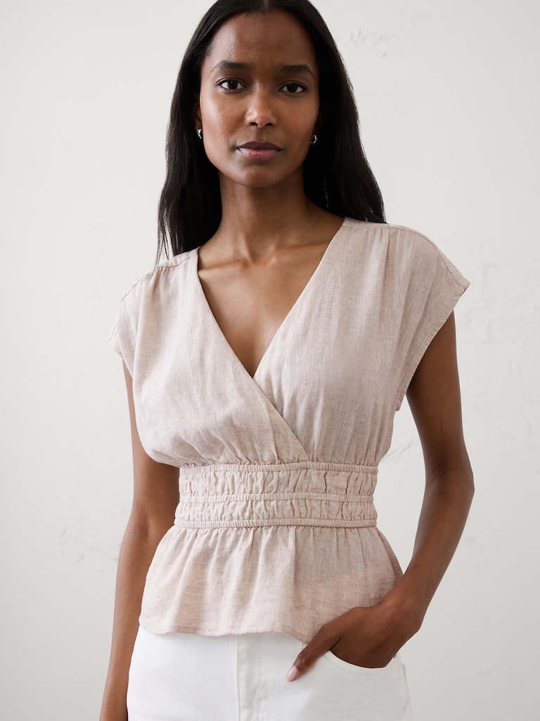 Linen-Blend Elastic Surplice Top