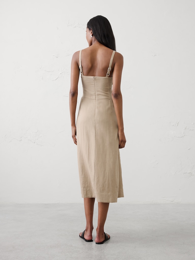 Linen-Blend Strappy Twist-Front Midi Dress