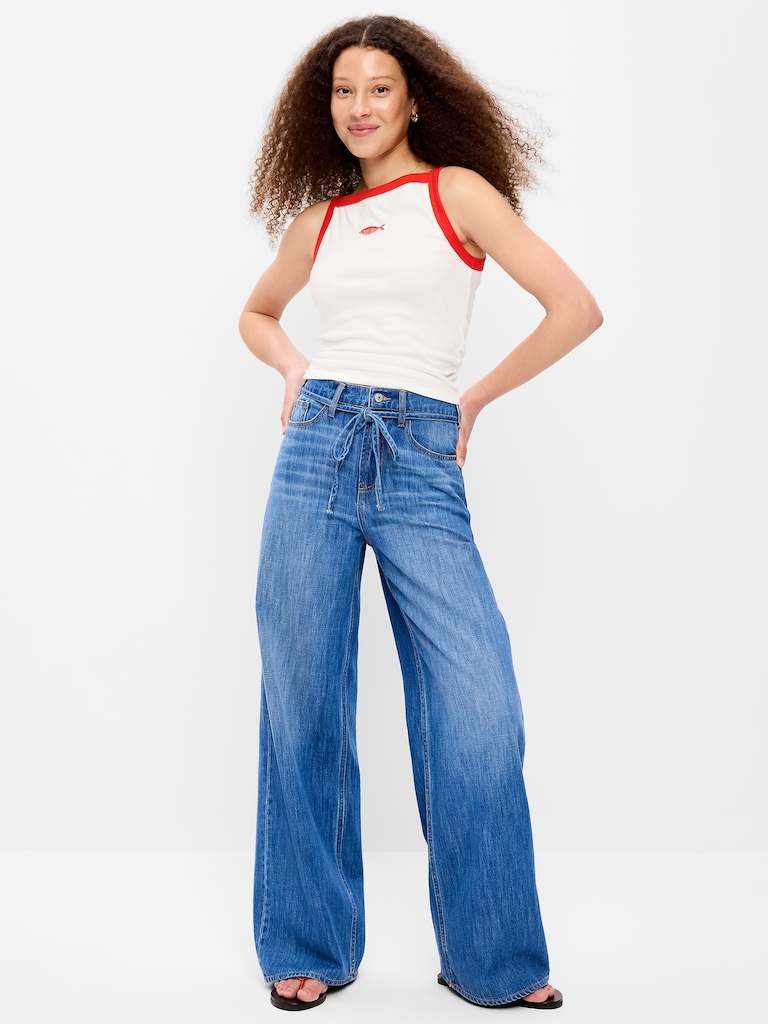 High-Waisted Baggy Wide-Leg Drawstring Jeans