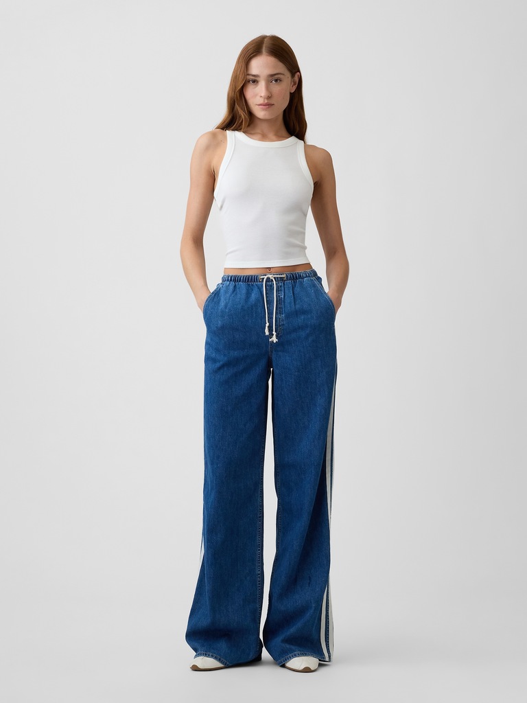 Mid Rise Pull-On Soft Stripe Wide-Leg Jeans