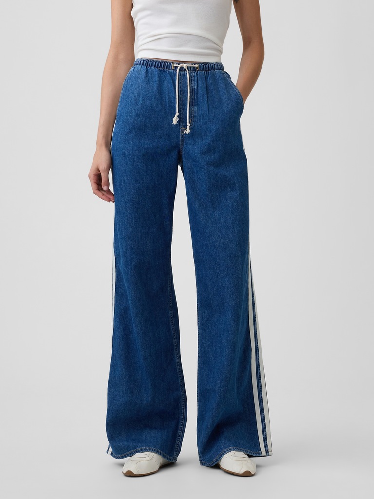 Mid Rise Pull-On Soft Stripe Wide-Leg Jeans