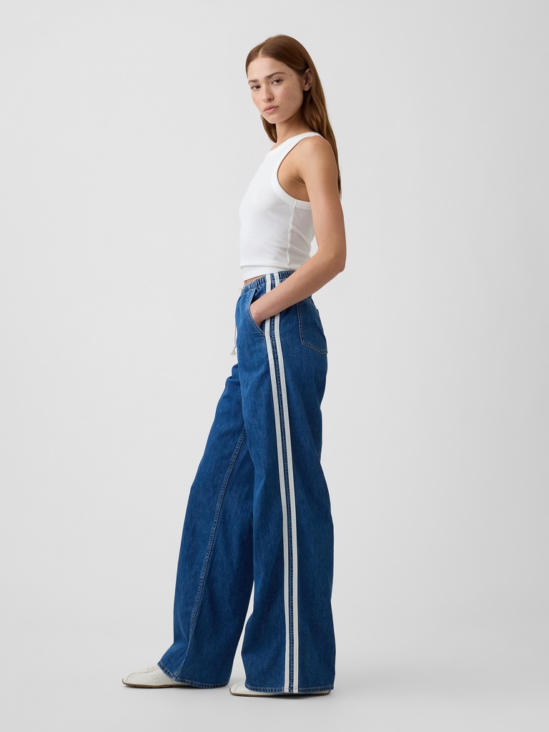 Mid Rise Pull-On Soft Stripe Wide-Leg Jeans