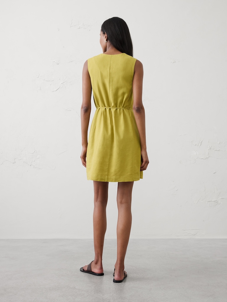 Linen-Blend Button-Front Above-Knee Dress