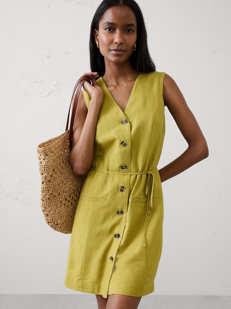 Linen-Blend Button-Front Above-Knee Dress