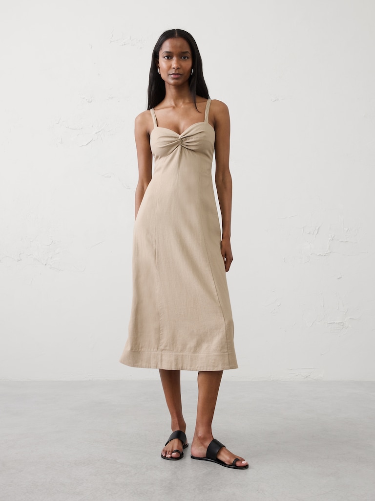Linen-Blend Strappy Twist-Front Midi Dress