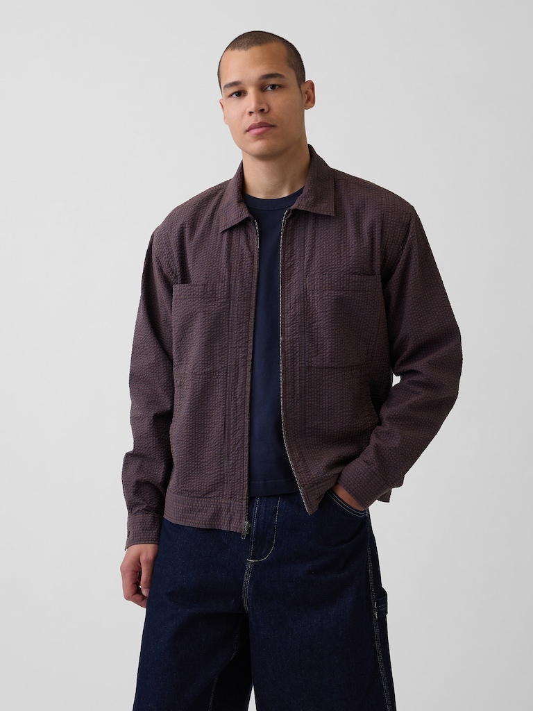 Textured Gingham Zip Shirt Jacket