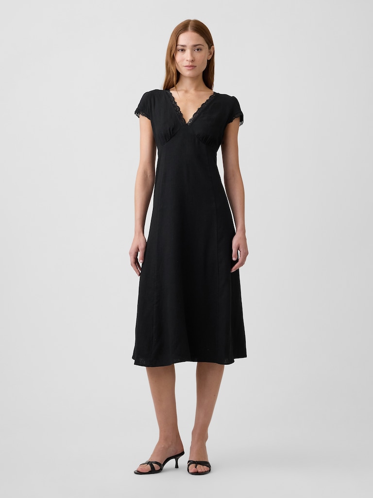 Linen-Blend Lace-Trim Midi Dress