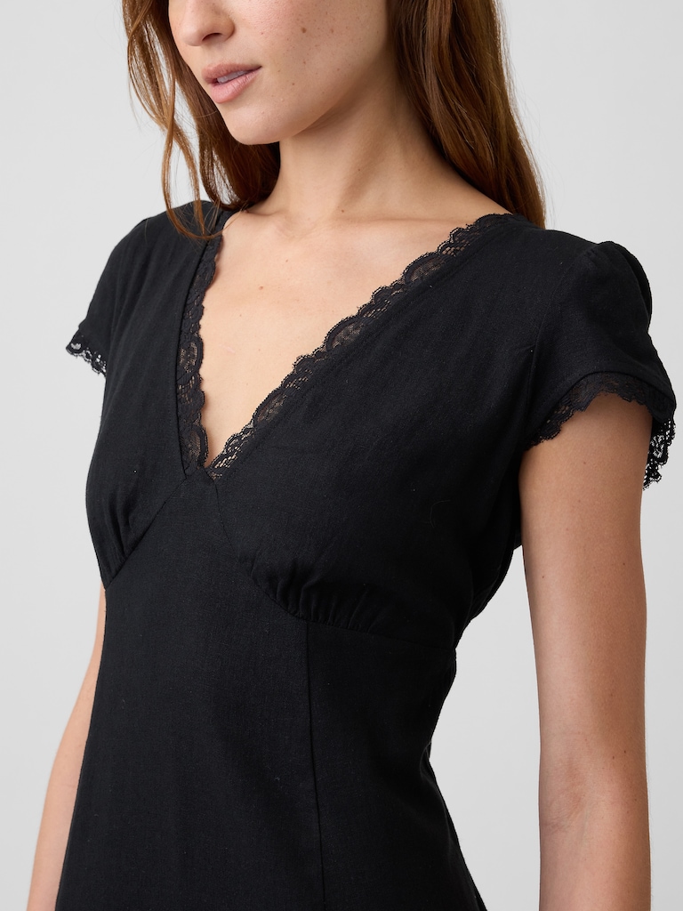 Linen-Blend Lace-Trim Midi Dress