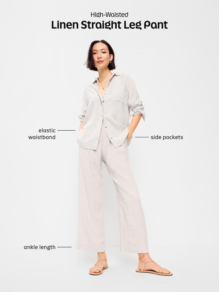 Pantalon droit en mélange de lin à taille haute longueur cheville