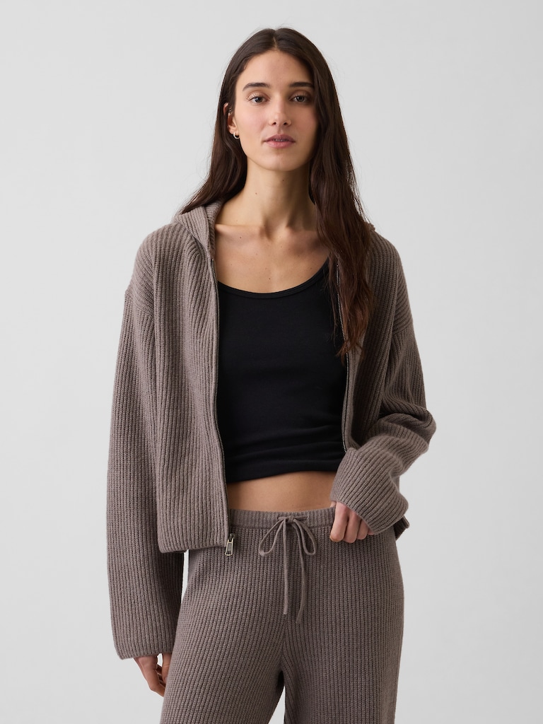 CashSoft Oversized Shaker-Stitch Zip Hoodie