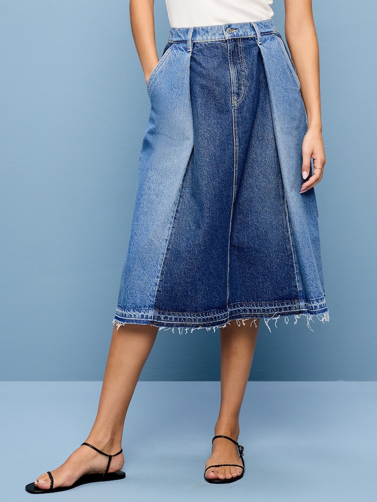 Reconstructed Pleated Denim Midi Skirt