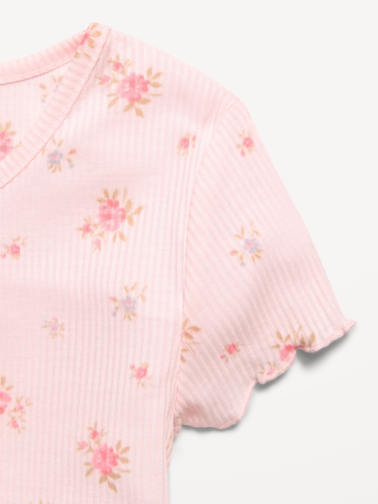 Ribbed Lettuce-Edge Pajama Top and Shorts Set for Girls