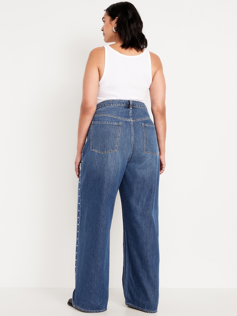 High-Waisted Baggy Wide-Leg Studded Jeans
