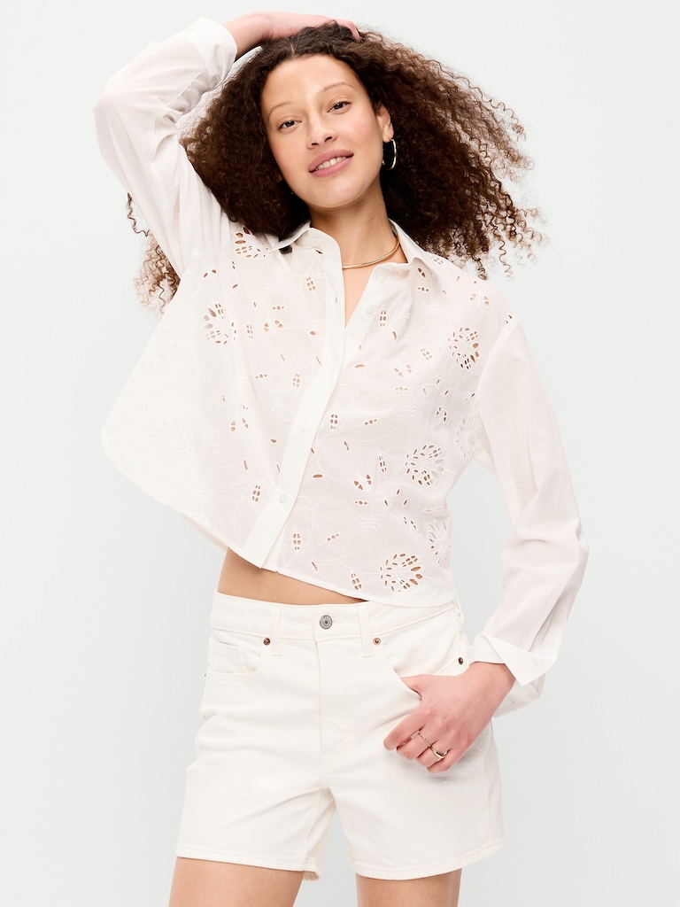 Cropped Eyelet Button-Down Shirt