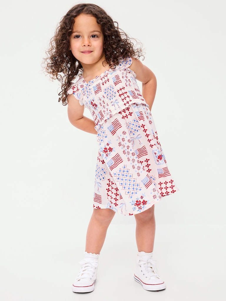 Printed Sleeveless Smocked Dress for Toddler Girls