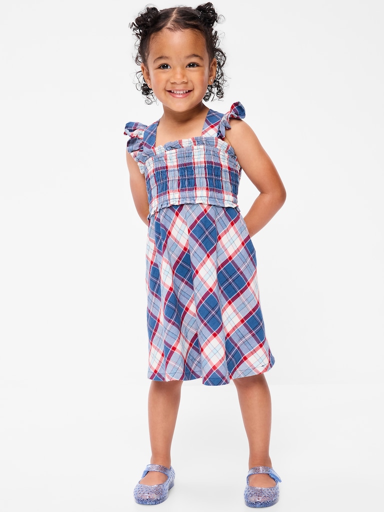 Sleeveless Plaid Smocked Dress for Toddler Girls
