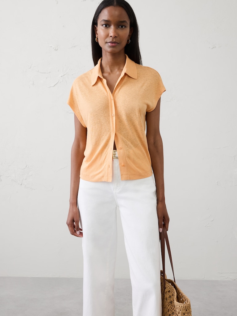 Linen-Blend Collared Top