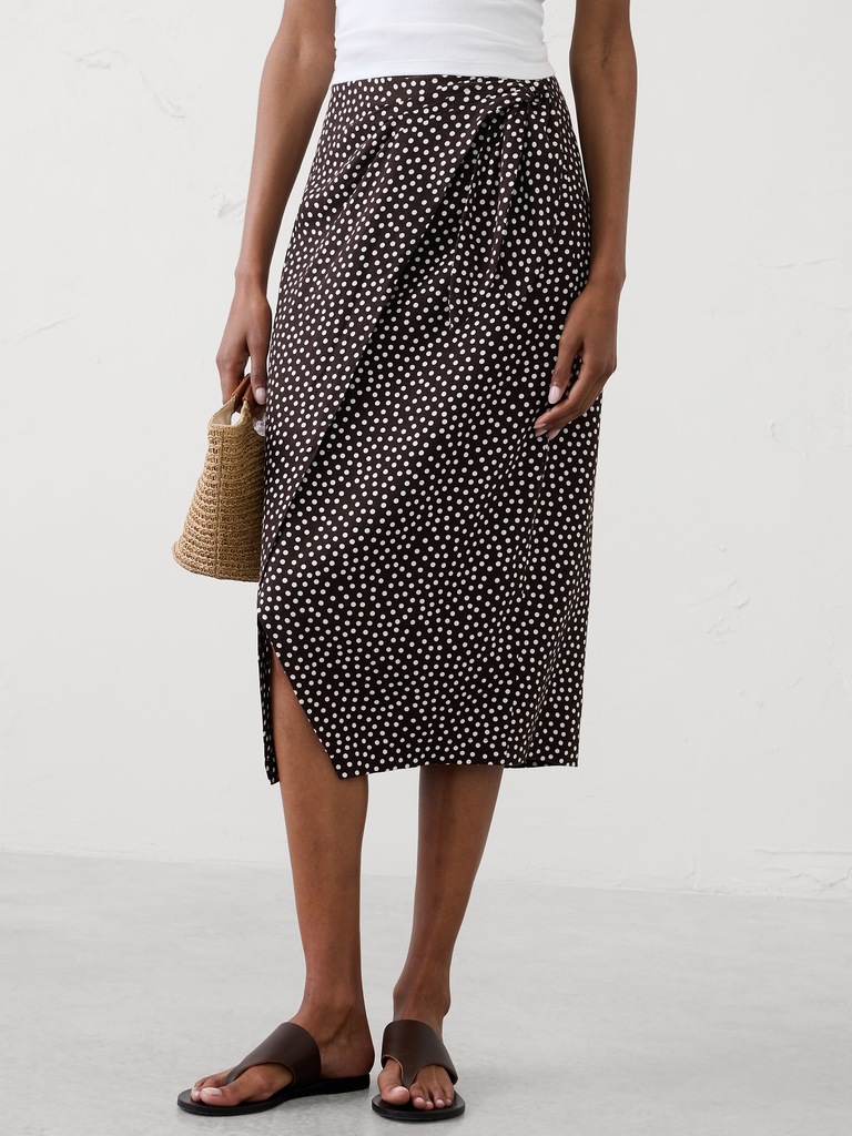 Linen-Blend Faux-Wrap Midi Skirt