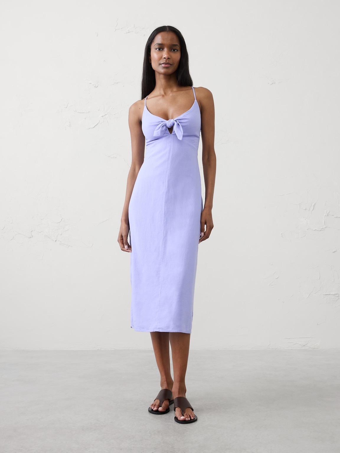 Linen-Blend Tie-Front Midi Dress