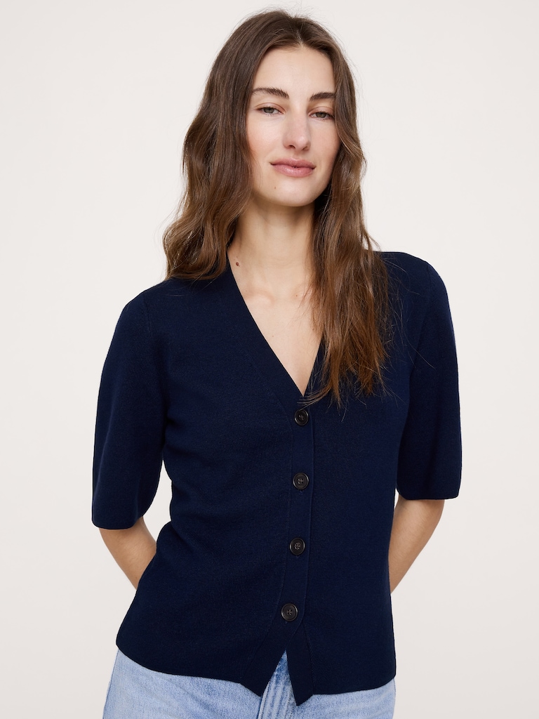 Larkspur Cotton-Silk Short-Sleeve Cardigan