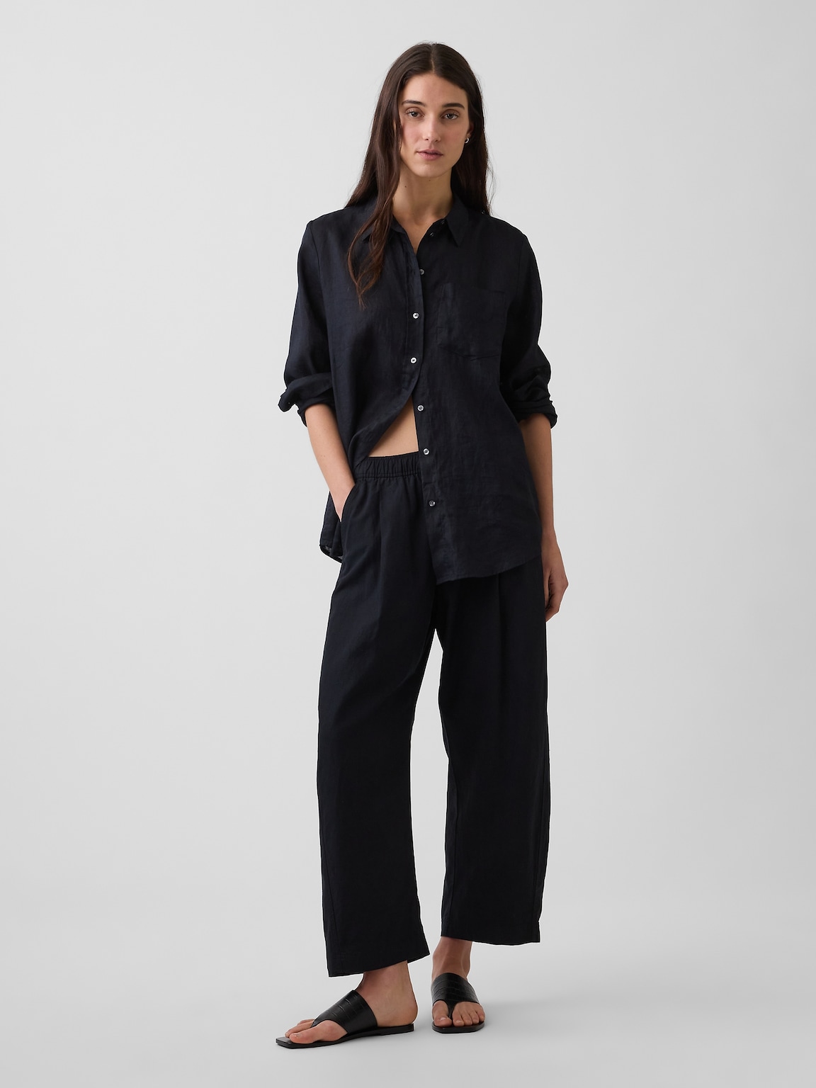 Linen-Blend Easy Barrel Pants