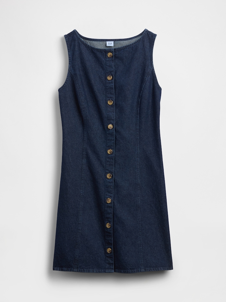 Boatneck Button-Front Mini Dress