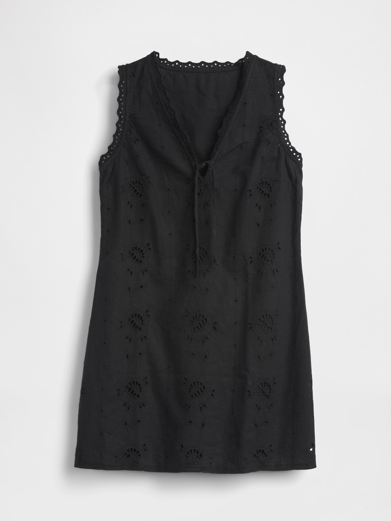 Linen-Blend Embroidered Mini Shift Dress
