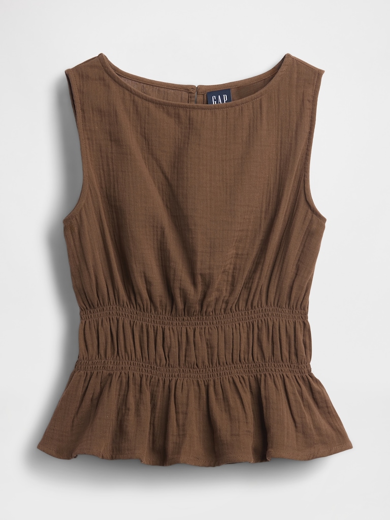 Cotton Gauze Smocked-Waist Peplum Top